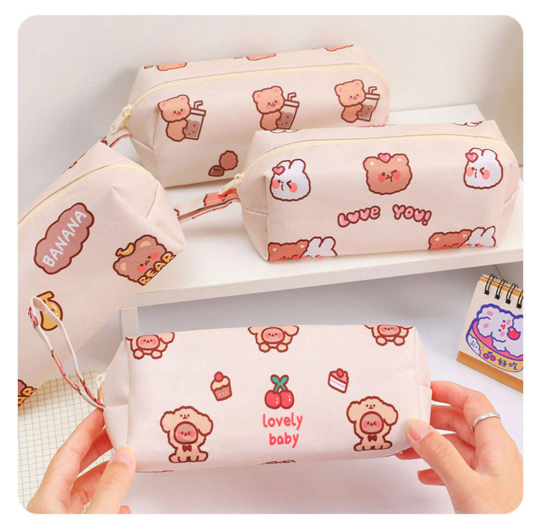 Cartoon Little Bear Canvas Pencil Case Student Ins Girl Heart Large Capacity Pencil Case Desktop Stationery