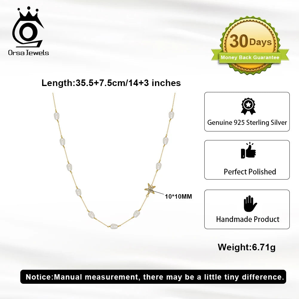 ORSA JEWELS Natural Pearl Choker Necklace Fashion 925 Sterling Silver Starfish 4A Zircon Necklace for Women Party Jewelry BQN06