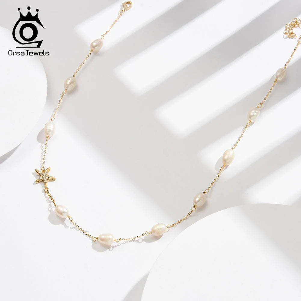 ORSA JEWELS Natural Pearl Choker Necklace Fashion 925 Sterling Silver Starfish 4A Zircon Necklace for Women Party Jewelry BQN06