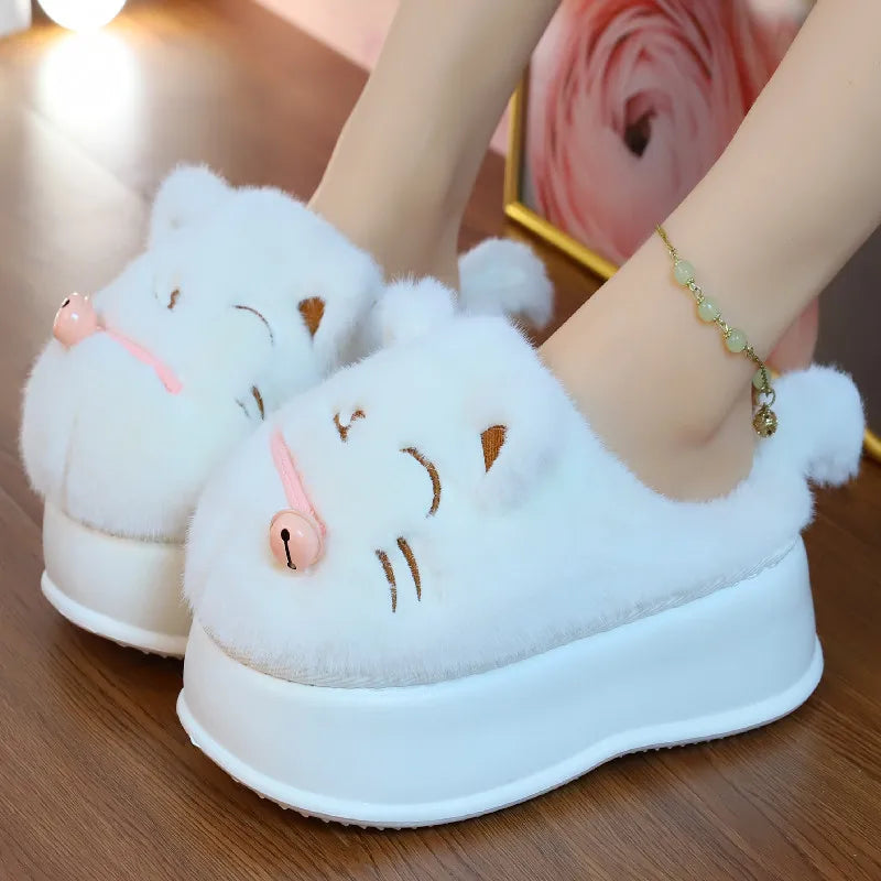 New green bow slippers winter women's 2024 shoes thick sole fuzzy slippers for home mules shoes woman fluffy metal house slipper