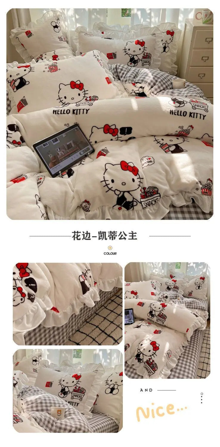 Sanrio Hello Kitty Kuromi cartoon cute warm plus velvet lace four-piece set creative student children's bed sheet quilt cover