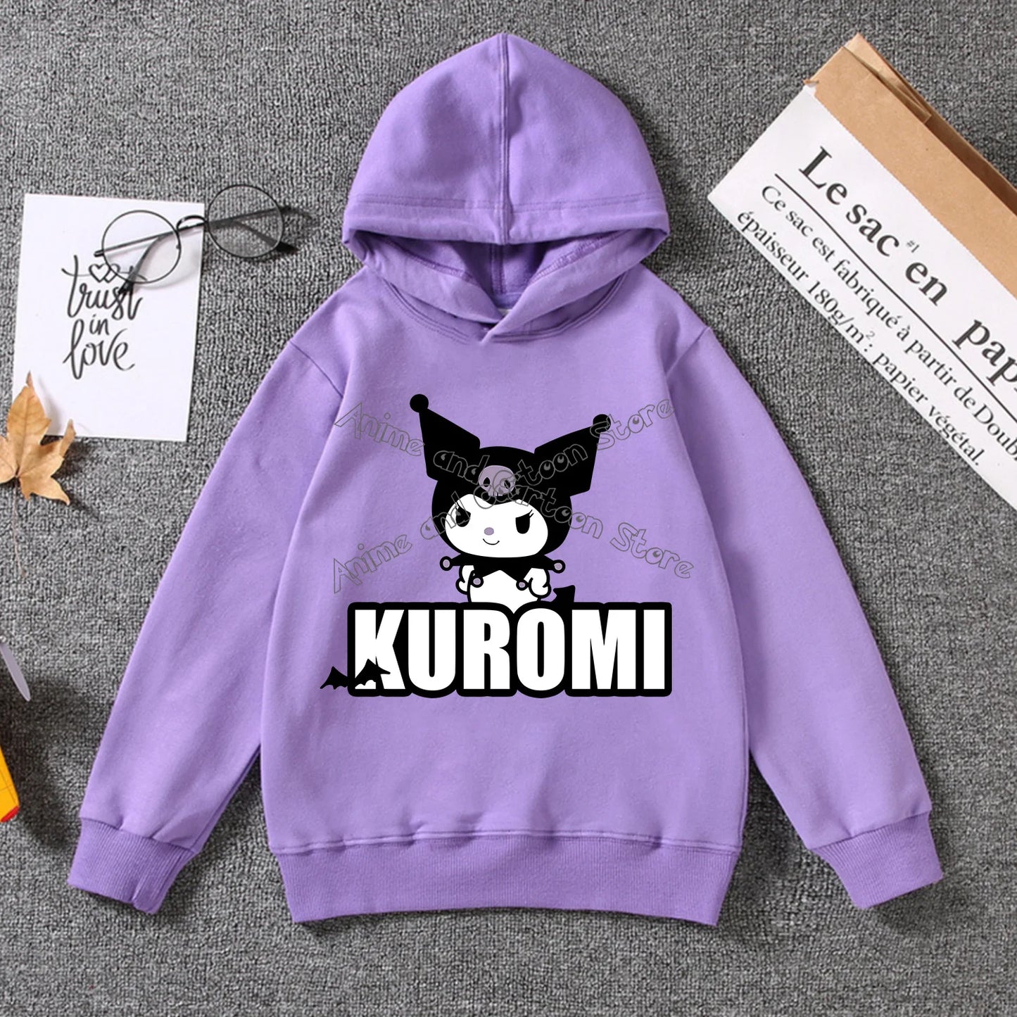 Kuromi Thin Hoodie for Children Cute Sanrio Cartoon Clothing Girls Trendy Clothes Purple Sweatshirt Fashion Long Sleeve Top Gift