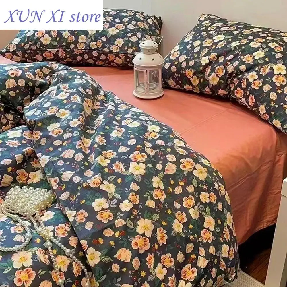 Romantic Bedding Set Floral Ins Style Duvet Cover Flat Sheet with Pillowcases Single Queen Full Size Boys Girls Korean Bed Linen