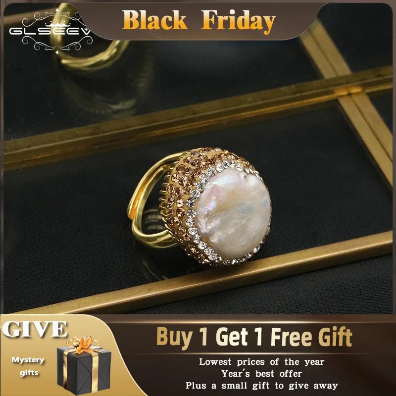 GLSEEVO Baroque Freshwater Pearl Rings for Women Personalized Fashion Elegant Luxury Simple Ladies Banquet Exquisite Jewelry