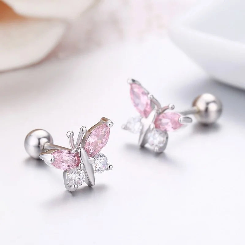 Cute 925 Sterling Silver Butterfly Pink CZ Screw Back Stud Earrings For Women Child Girls Kids Jewellery Orecchini Aros Aretes