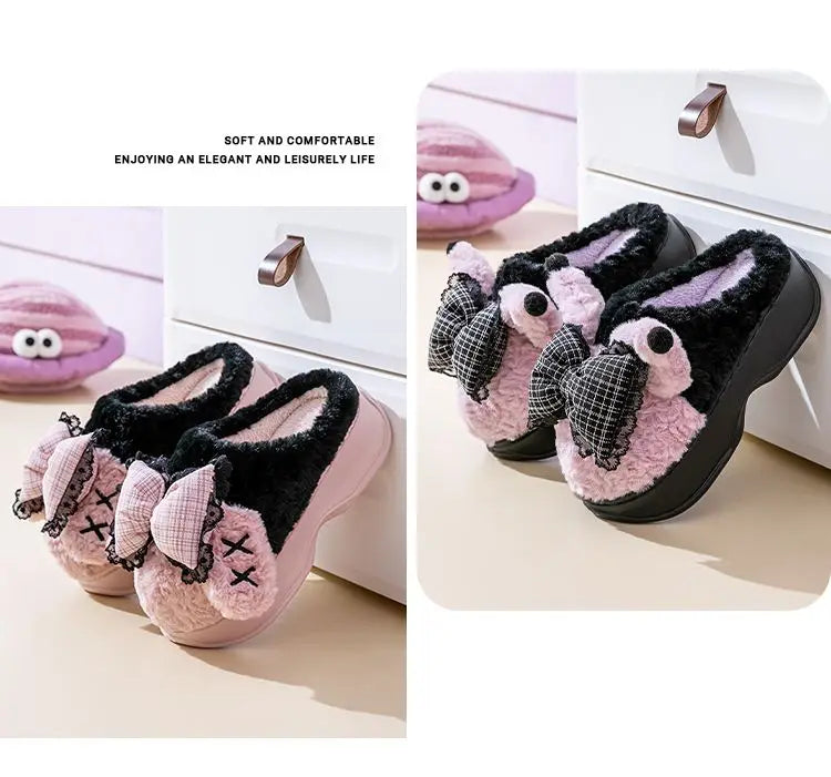 New green bow slippers winter women's 2024 shoes thick sole fuzzy slippers for home mules shoes woman fluffy metal house slipper