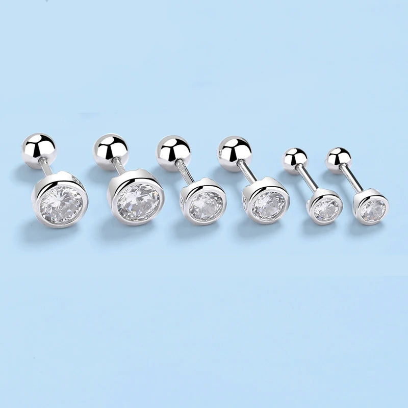 INZATT Real 925 Sterling Silver Zircon Round Screw Thread Bead Stud Earrings For Women Fine Jewelry Minimalist Accessories