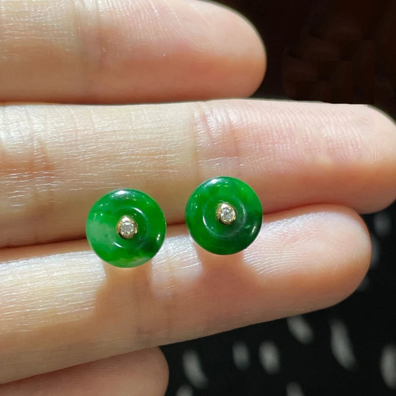 New In Natural Hotan Jade Green Round stud earings vintage Silver Inlaid earrings for women Classical Simple Party  jewelry