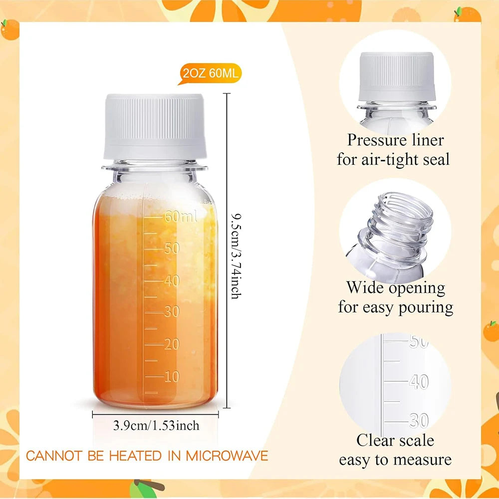 Small Ginger Shot Bottles Plastic Bottles with Caps Plastic Containers with Lids Reusable Clear Shot Jars with Scale(2 oz)