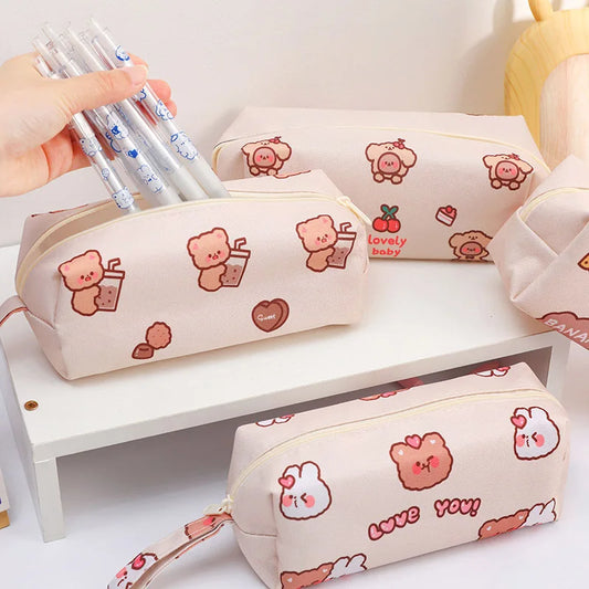Cartoon Little Bear Canvas Pencil Case Student Ins Girl Heart Large Capacity Pencil Case Desktop Stationery