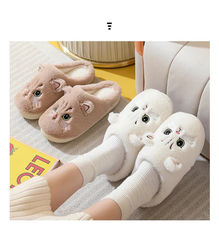New Winter Women Lovely Cat Plush Slippers Warm Shoes Slides Cute Cartoon Cat Fuzzy Slippers Men Soft Footwear Home Cotton Shoes