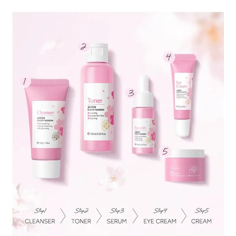 5pcs Japan Sakura Essence Face Cream Cherry Blossom Facial Cream Moisturizing Anti Wrinkle Anti Aging Korean Skin Care set