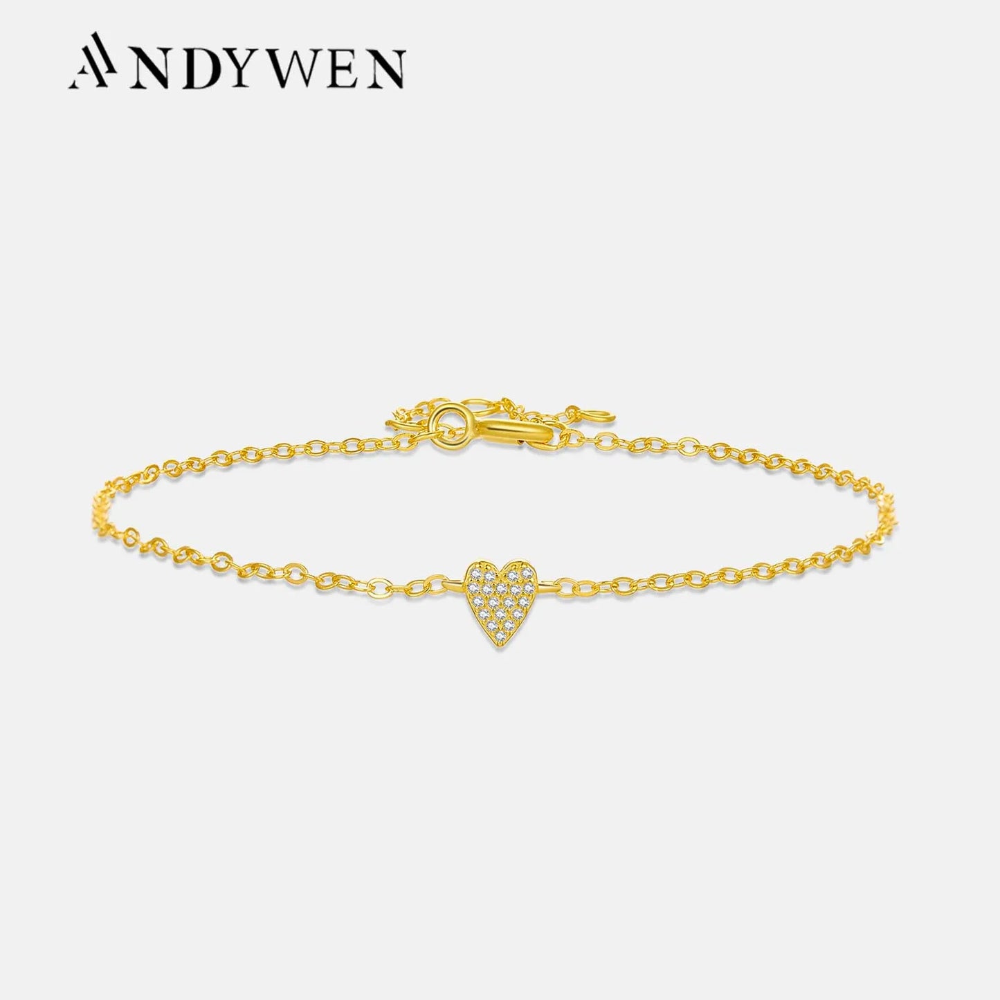 ANDYWEN 100% 925 Sterling Silver 5mm Heart Zircon Pave CZ Charm Bracelet Chain Luxury Fine Jewelry 2024 Crystal Jewels