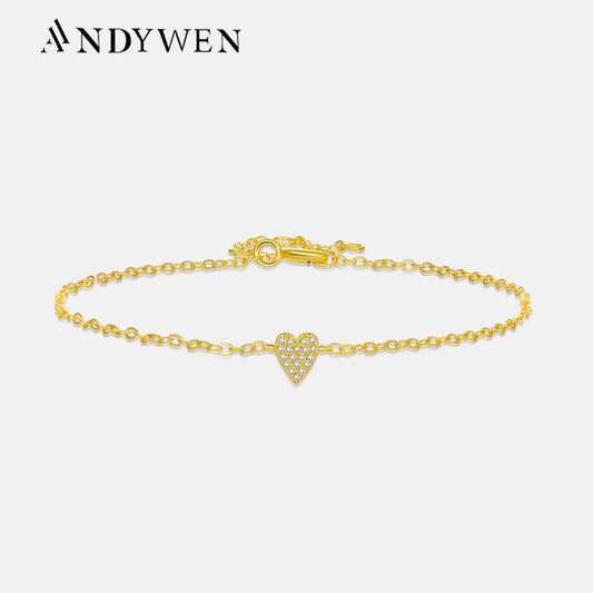 ANDYWEN 100% 925 Sterling Silver 5mm Heart Zircon Pave CZ Charm Bracelet Chain Luxury Fine Jewelry 2024 Crystal Jewels