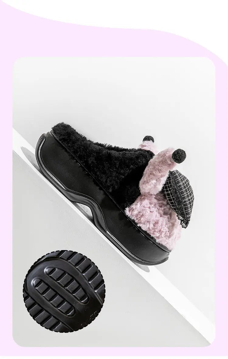 New green bow slippers winter women's 2024 shoes thick sole fuzzy slippers for home mules shoes woman fluffy metal house slipper