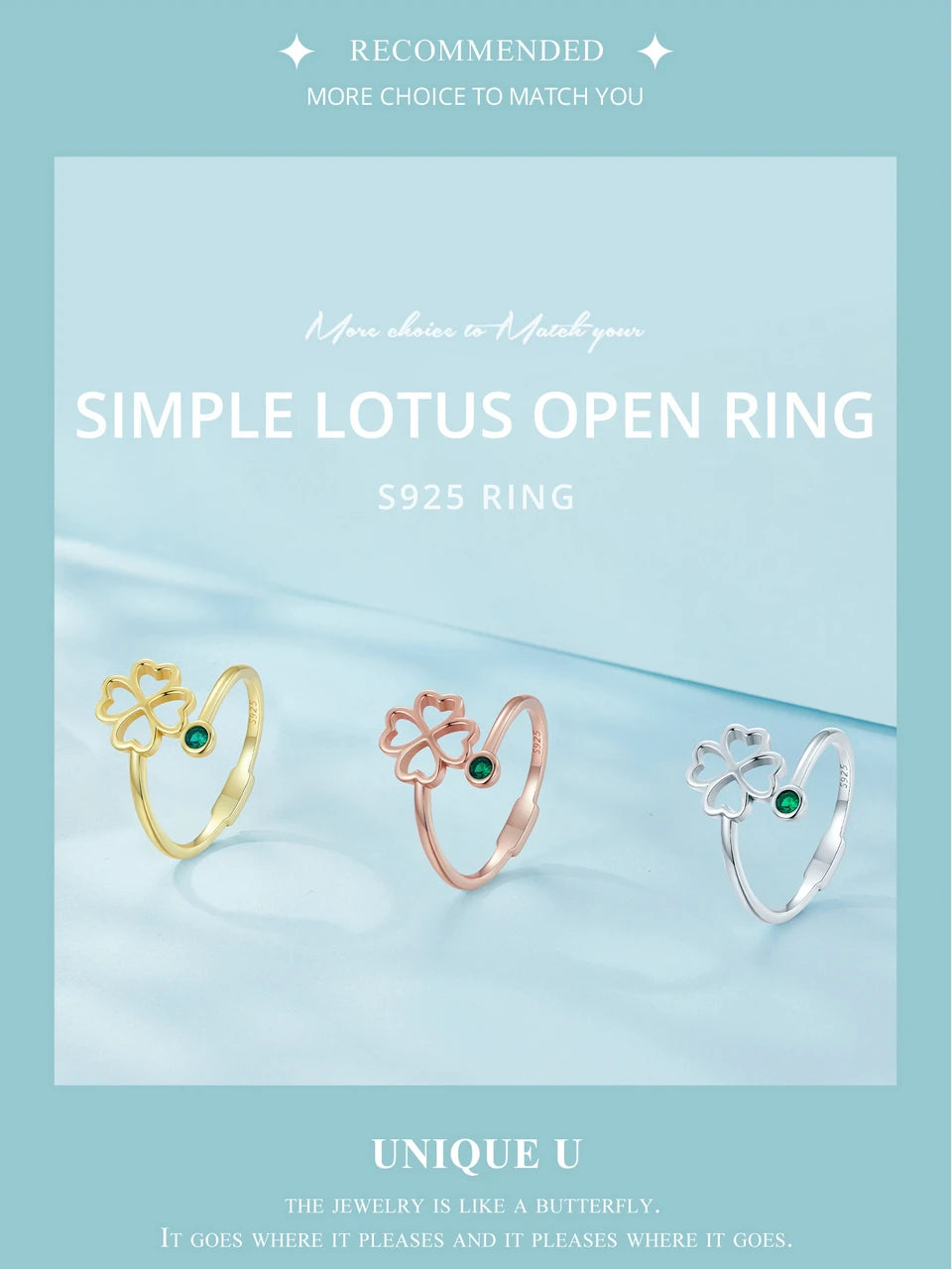 BAMOER 925 Sterling Silver Simple Four Leaf Clover Ring for Girl, Women 14K Gold Plated Promise Lucky Ring 3 Colors SCR843