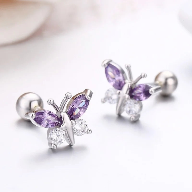 Cute 925 Sterling Silver Butterfly Pink CZ Screw Back Stud Earrings For Women Child Girls Kids Jewellery Orecchini Aros Aretes
