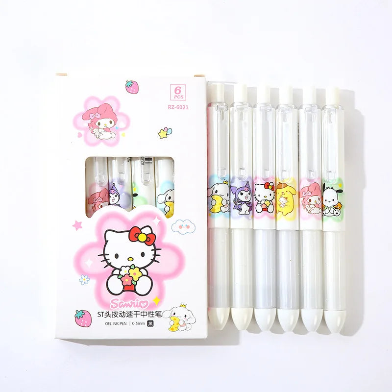 6Pcs Sanrio Hello Kitty Gel Pen Cute Cartoon Kuromi Cinnamoroll High Appearance Press Pen School Supplies Girl&Child Gifts