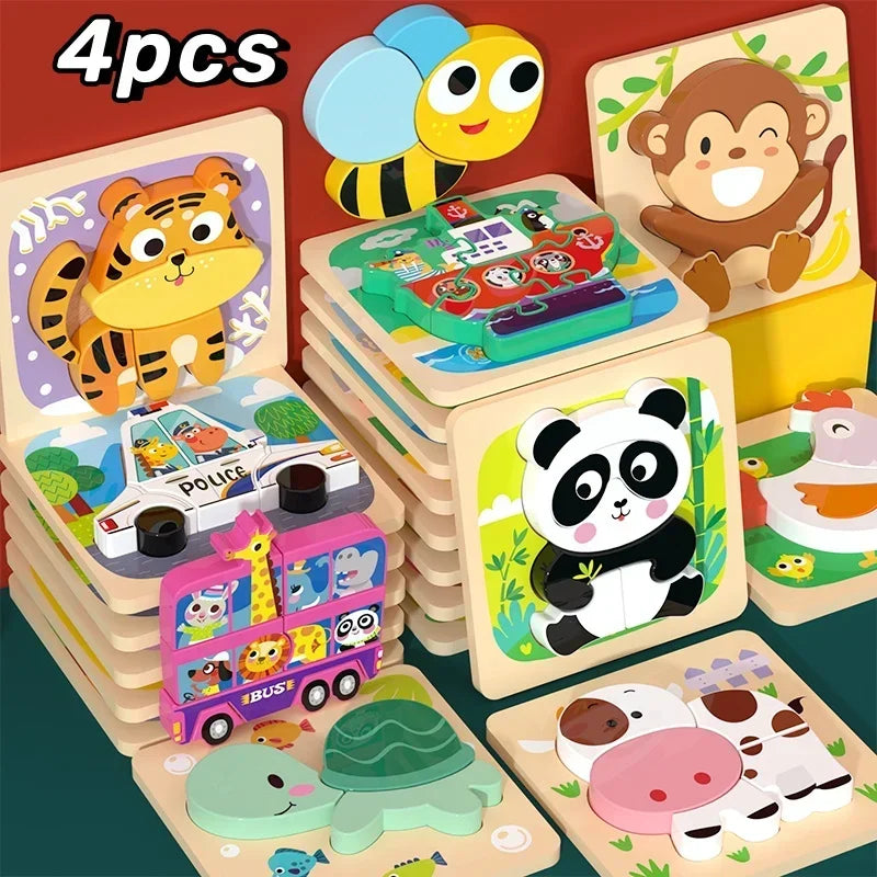 3D Baby Wooden Puzzle Montessori Toys Kids Learning Educational Tangram Shape Traffic Animal Cartoon Puzzle Cognitive Games