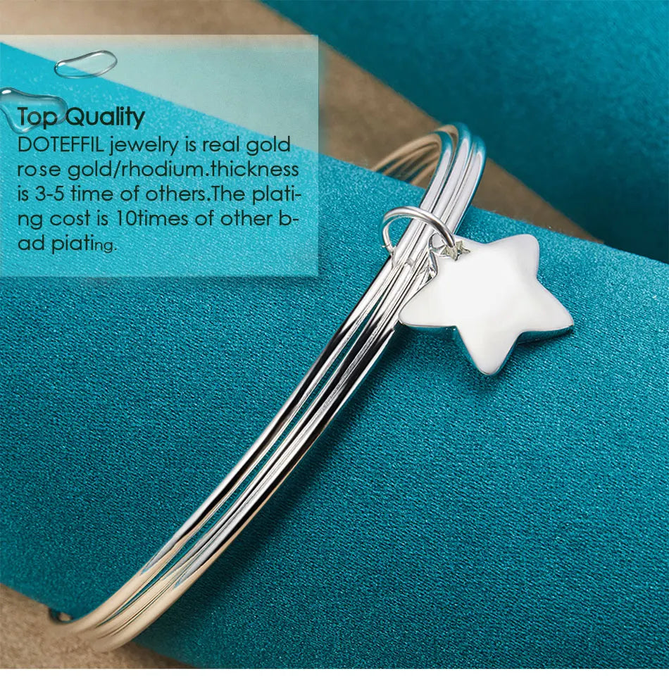 DOTEFFIL 925 Sterling Silver Three Circle Star Bangle Bracelet For Woman Man Wedding Engagement Fashion Charm Party Jewelry