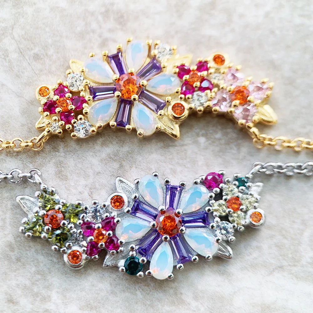 Necklace Flowers Colourful Stones Brand New Link Chain Fine Jewelry Europe 925 Stering Silver Romantic Gift For Women