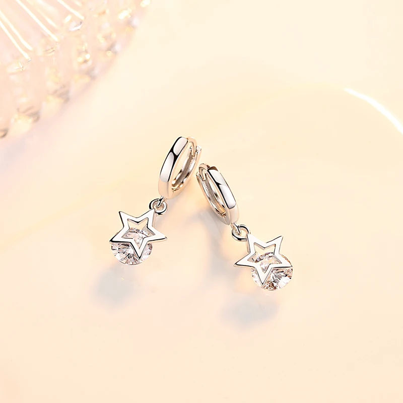 Genuine 925 Sterling Silver Woman's Original Jewelry Crystal Zircon Star Drop Earrings XY0069