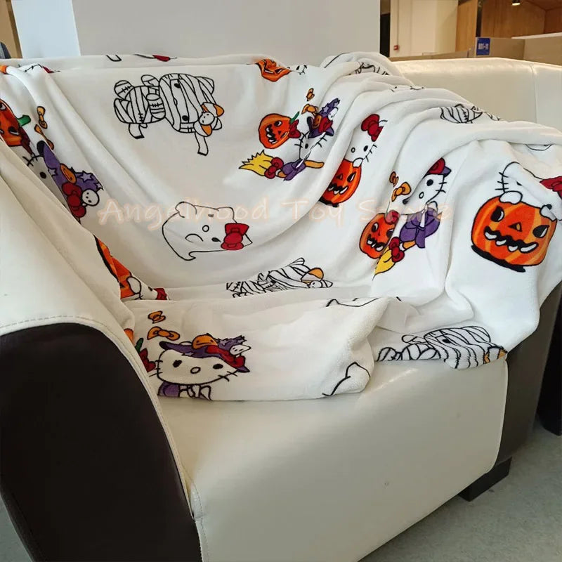 2024 Halloween Ghost Hello Kitty Plush Cartoon Large Flannel Blanket Cute Cotton Sofa Nap Blanket Bed Sheet Christmas Gift