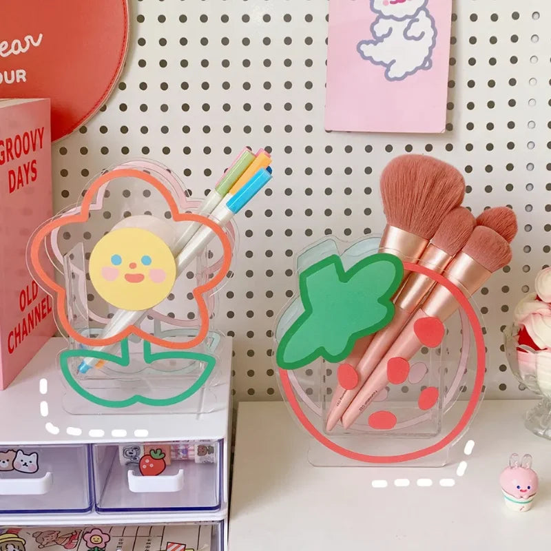 Kawaii Transparent Acrylic Pen Holder Desktop Organizer INS New Fashion Cute Bear Bunny Office Stationery Cosmetics Storage Box