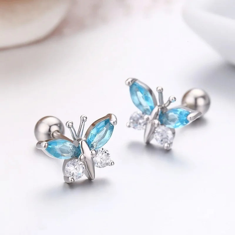 Cute 925 Sterling Silver Butterfly Pink CZ Screw Back Stud Earrings For Women Child Girls Kids Jewellery Orecchini Aros Aretes