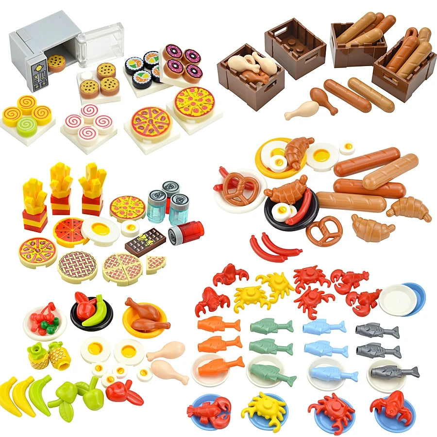 City Mini Food Toys Building Blocks Hamburger Fries Bread Pizza Cake Dessert Food Chocolate Fish Cookies MOC Bricks Kids Gift
