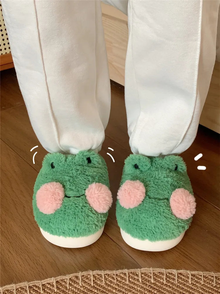 Funny Couple Lovely Frog Cotton Slippers 2022 Winter Student Anti Slip Warm Plush Home Slipper Men And Women Household Shoes