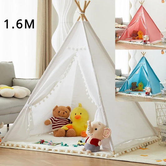 1.6M Portable Children Tents Tipi Play House Kids Cotton Canvas Indian Play Tent Wigwam Child Beach Teepee Party Room Decor