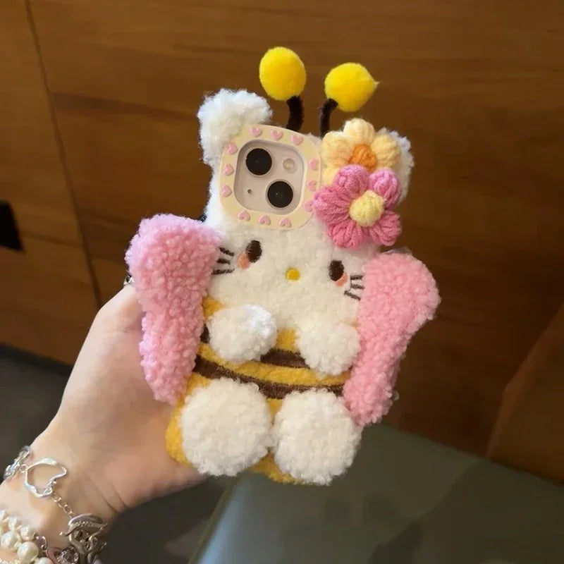 Plush Hello Kitty Bee  Phone Case Cartoon Sanrio peripheral Iphone1514131211 Pro Max Case Cute 3D Warm Shockproof Drop Case