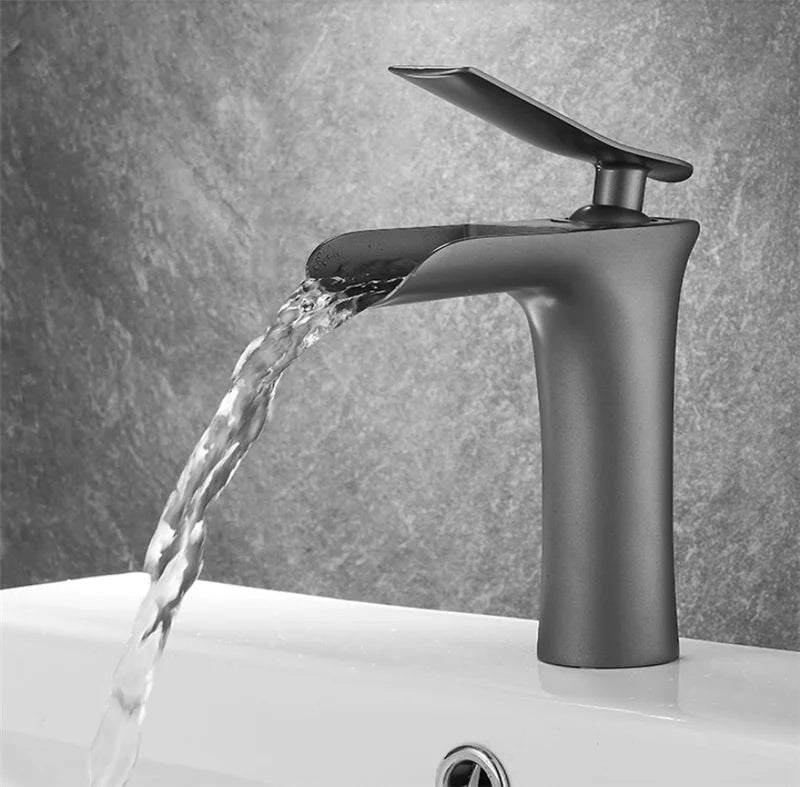 Basin Faucet Grey Waterfall Faucet Brass Bathroom Faucet Gold Bathroom Basin Faucet Mixer Tap Hot and Cold White Sink faucet