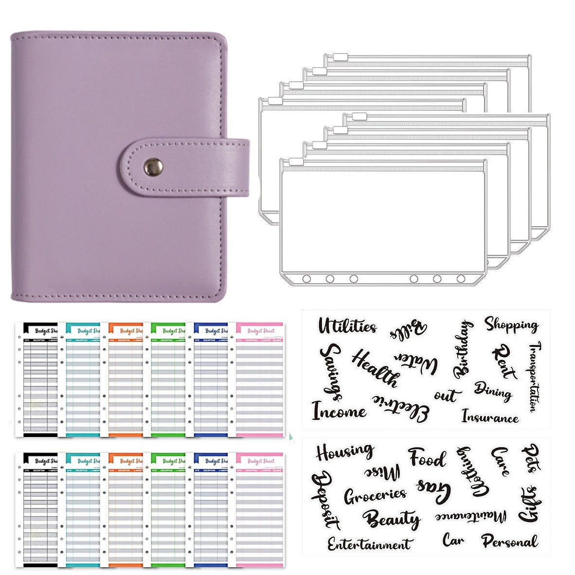 A7 PU Leather Notebook Binder Budget Plan Organizer Binder Cover 6 Binder Pockets And 12 Pcs Expense Budget Sheets Sticker