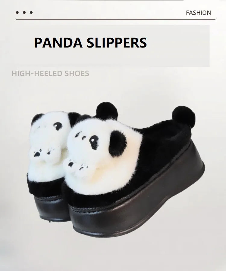 New high heel panda shoes women's winter loafer thick slippers woman fluffy slip on shoes ladies animal warm fuzzy home slipper