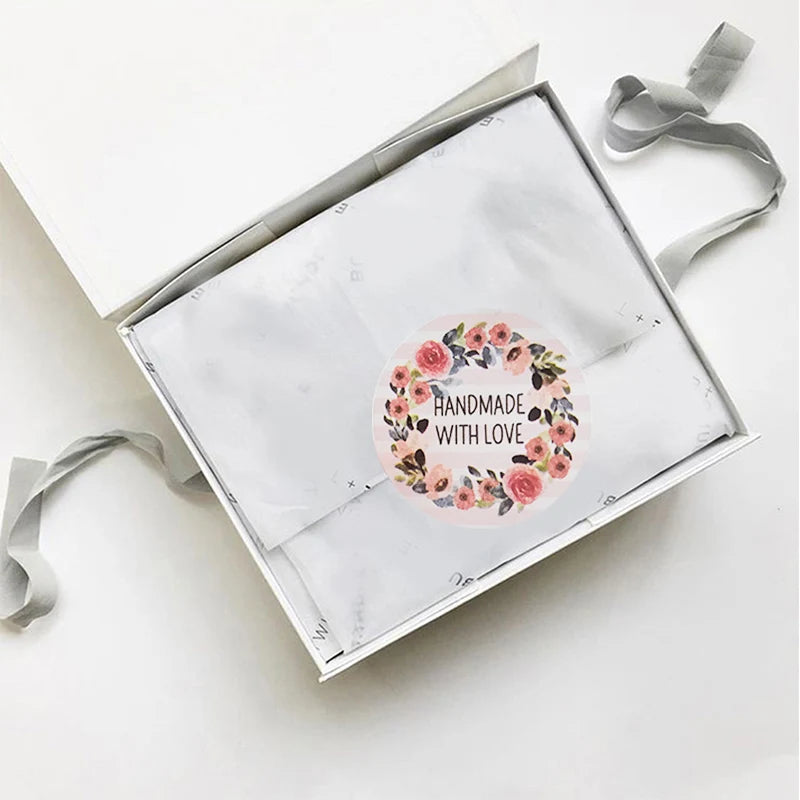 100-500pcs Flower Handmade with Love Stickers for Small Business Packaging Baking Label Envelope Seals Wedding Decor Stationery