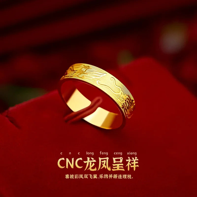 9999 real gold 24K yellow gold Ring Women and Men's Dragon and Phoenix Wedding Ring
