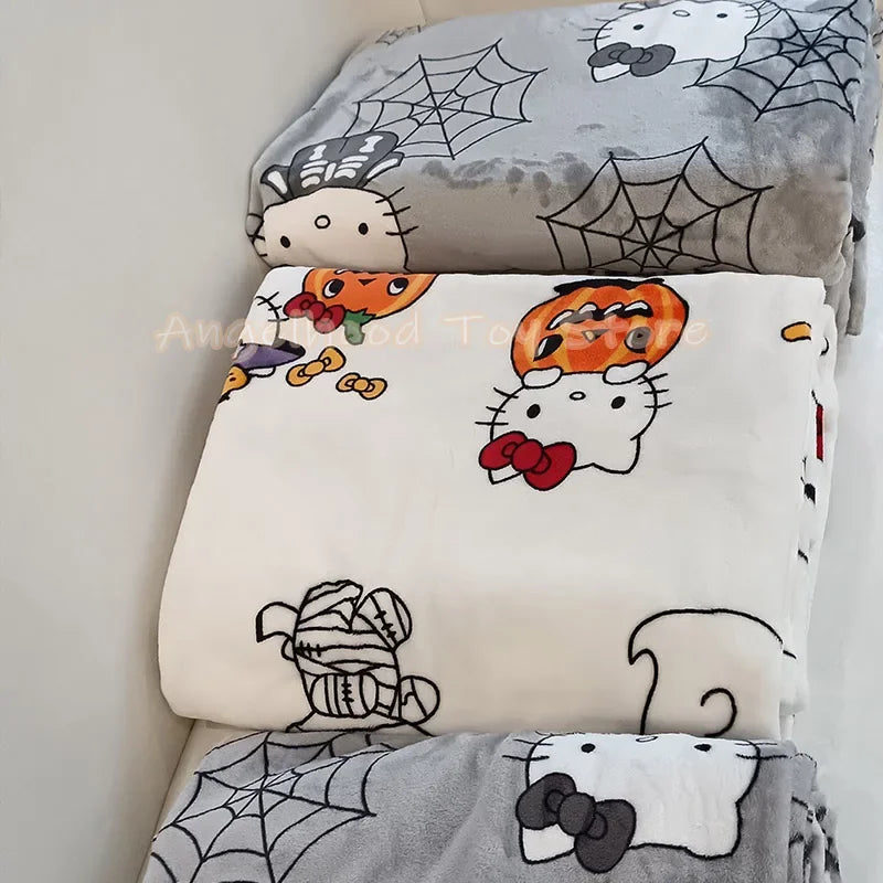 2024 Halloween Ghost Hello Kitty Plush Cartoon Large Flannel Blanket Cute Cotton Sofa Nap Blanket Bed Sheet Christmas Gift