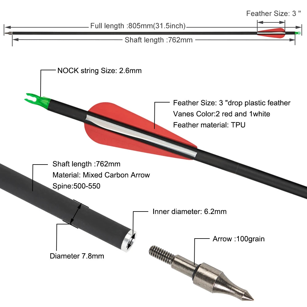 12pcs 31.5inch Mixed Carbon Arrow Spine 500~550 with Replaceable Arrowhead for Outdoor Hunting Compound Recurve Traditional Bow