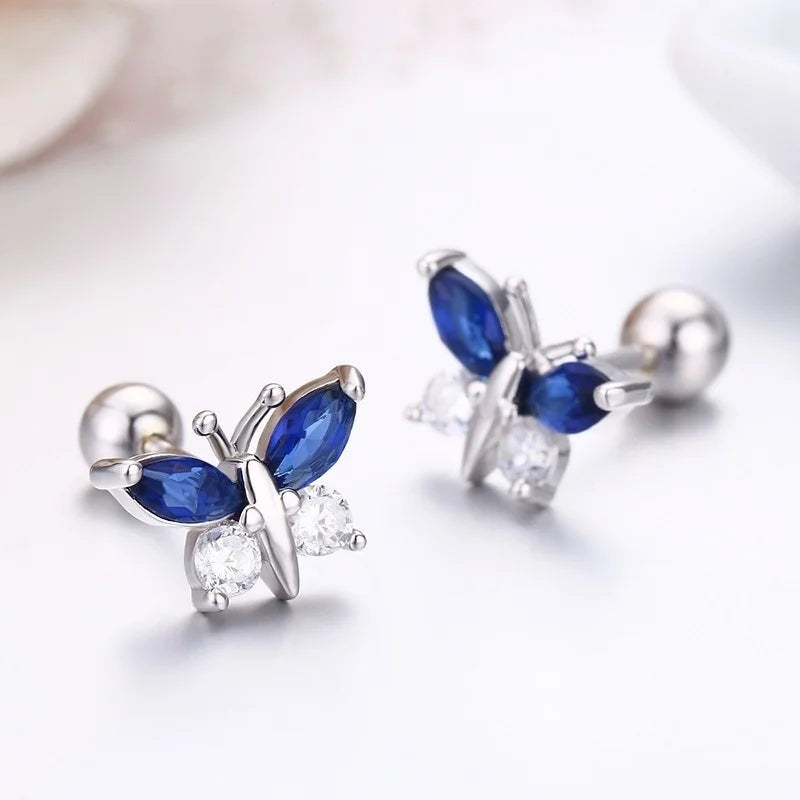 Cute 925 Sterling Silver Butterfly Pink CZ Screw Back Stud Earrings For Women Child Girls Kids Jewellery Orecchini Aros Aretes