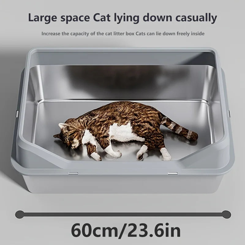 KEMORELA XL Extra Large Stainless Steel Litter Box Enclosure with Lid High Side Large Cat Litter Tray For Big Cat With Scoop