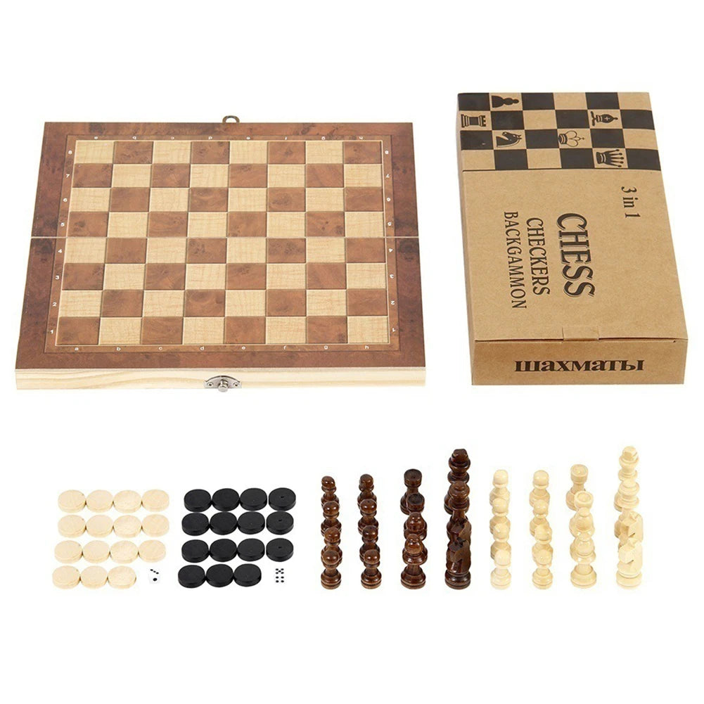 3 in 1 Chess Game Board Folding Storage Wooden Chess Board Sets Exquisite Chess Set Chess and Checkers Game Set