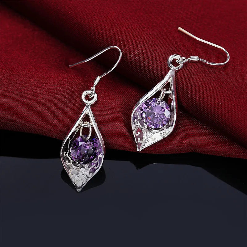 Pure 925 Sterling Silver Earrings Fashion Jewelry Elegant Woman Crystal Amethyst Shell Earrings Engagement Christmas Gifts