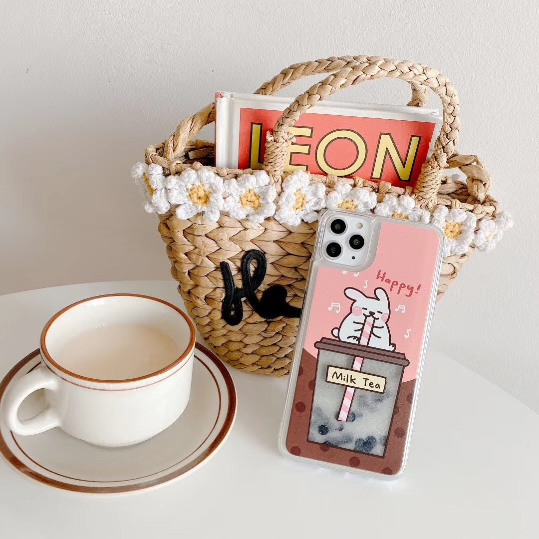 Cartoon Cute Rabbit Pearl Milk Tea Quicksand Mobile Phone Case Transparent Soft Shell Female