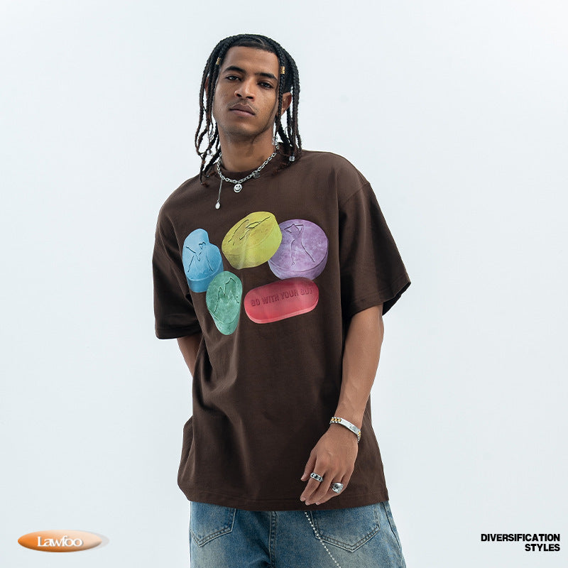 Cotton Printed Round Neck Couple Top T-shirt With Short Sleeves