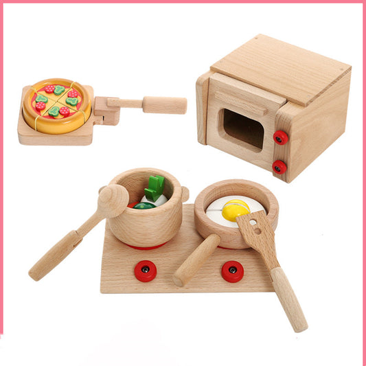 1-6 Years Old Solid Wood Wooden Simulation Microwave Oven Gas Stove Cooking Play House Toy