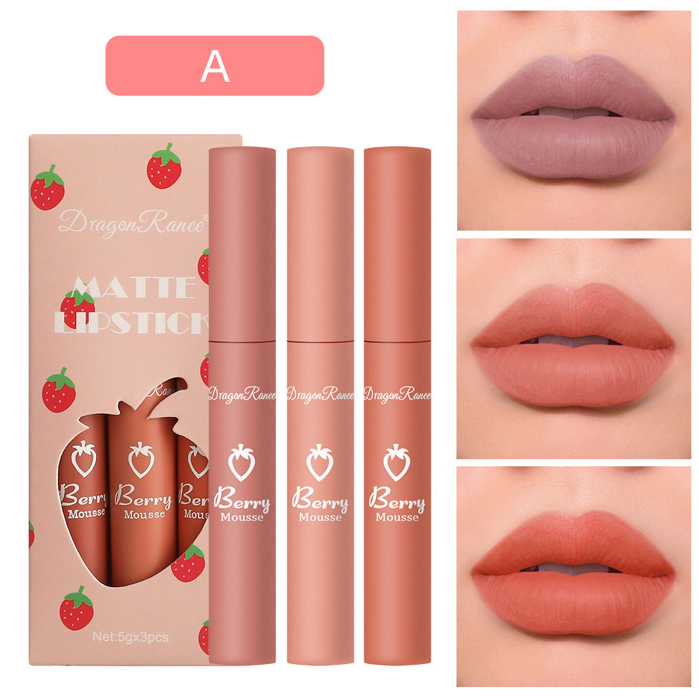 3 Strawberry Set Box Velvet Mist Matte Lip Glaze Lipstick