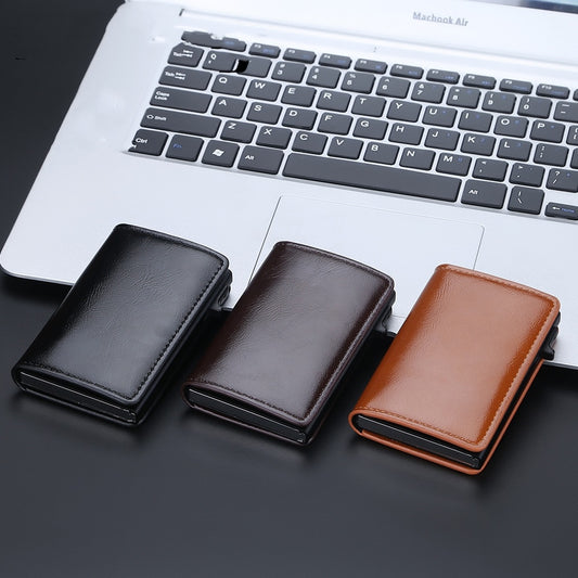 New Anti-magnetic Side Push Aluminum Box Card Holder Oil Wax Leather Men's Card Holder