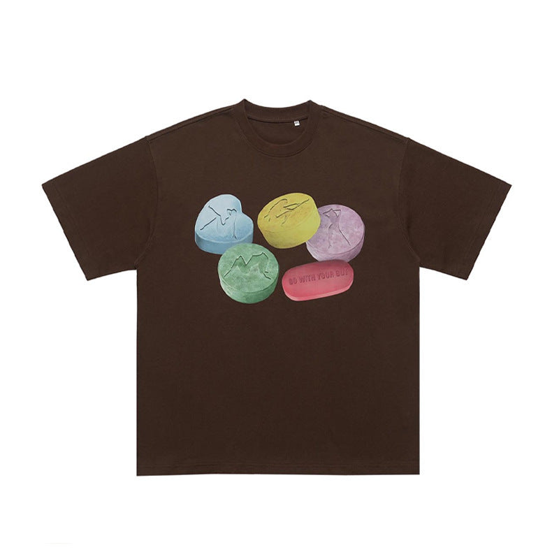 Cotton Printed Round Neck Couple Top T-shirt With Short Sleeves
